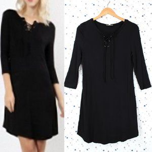 Lace Up 3/4 Sleeve T-shirt Dress Black
